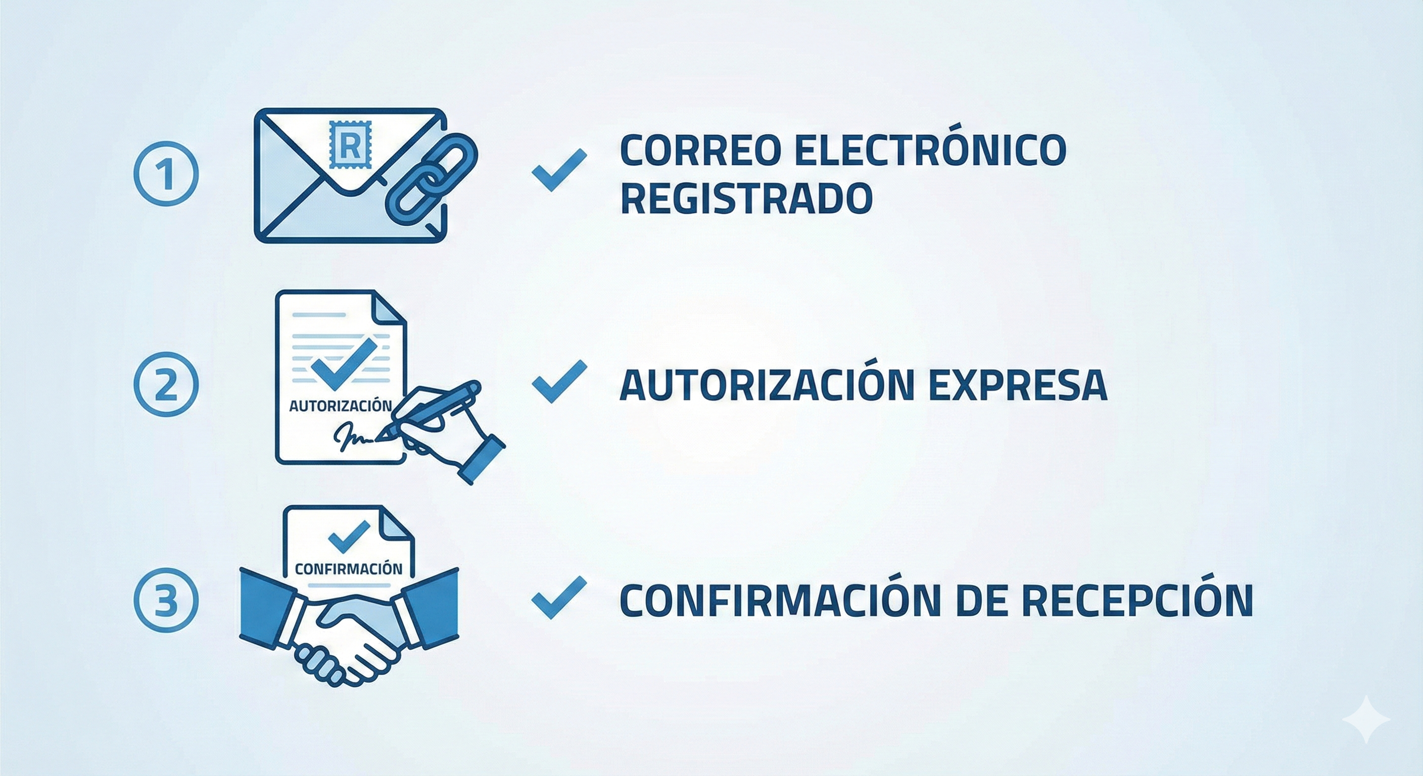 Esquema visual de los requisitos legales para una notificación electrónica válida en Sunafil: correo registrado, autorización expresa y confirmación de recepción.