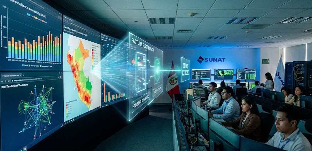 Centro de monitoreo de datos de alta tecnología que representa la digitalización de la SUNAT para el control fiscal y el análisis de información en tiempo real