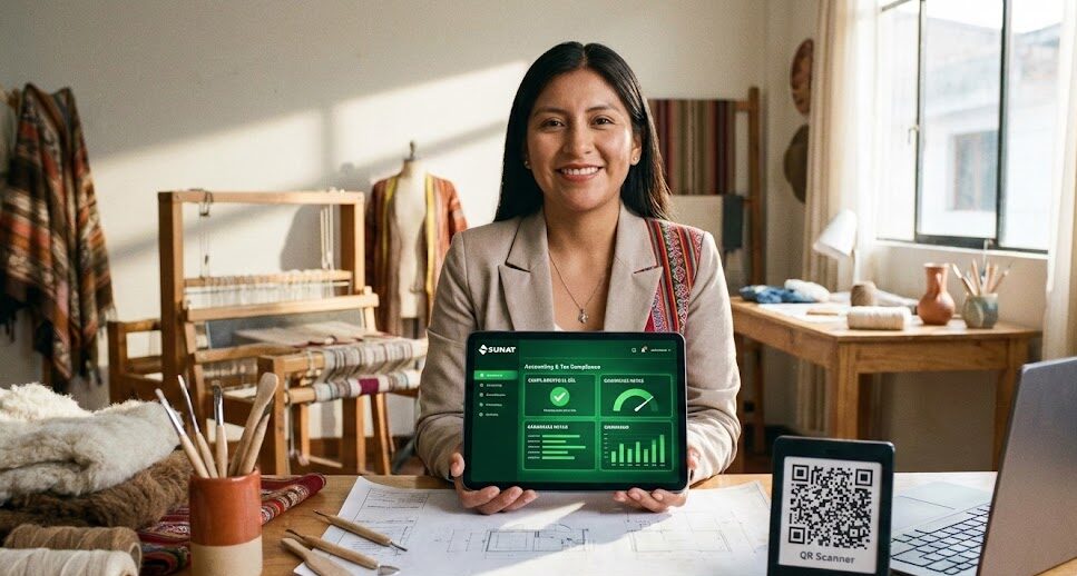 Empresaria peruana gestionando sus impuestos desde una tablet en su negocio, mostrando la adaptación y el cumplimiento normativo ante la digitalización fiscal
