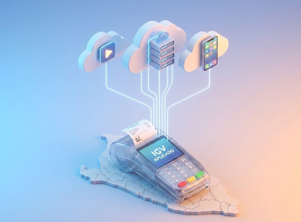 Gráfico 3D de servicios de streaming y nube conectados a una terminal de pago, ilustrando cómo la digitalización ha permitido aplicar el IGV a la economía digital