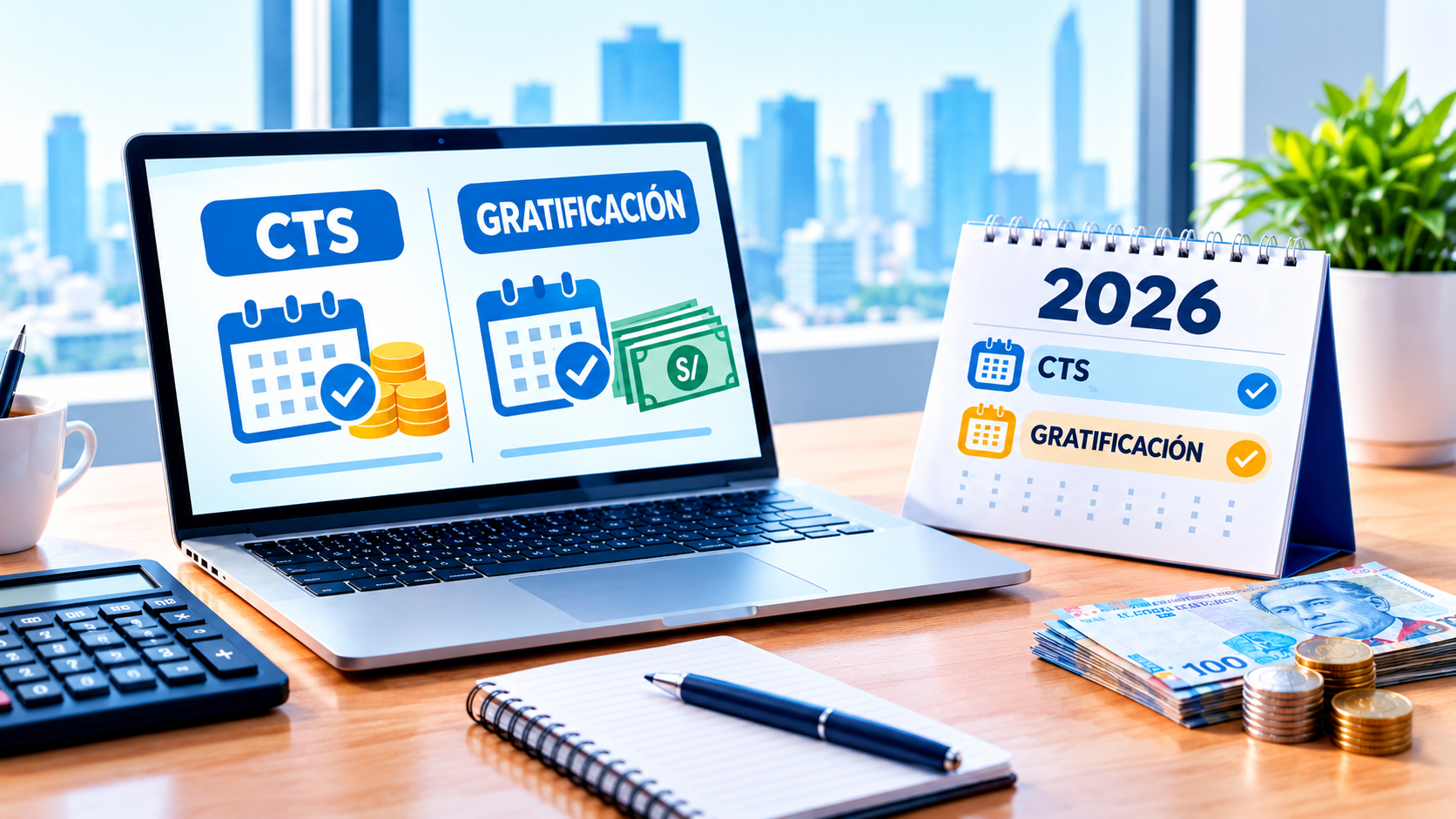Escritorio financiero con calendario 2026