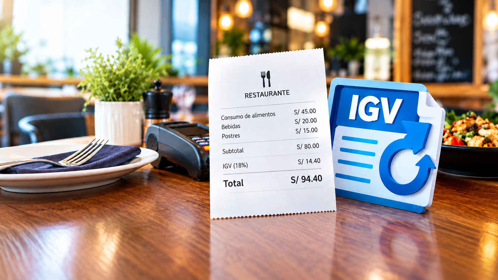 Recibo de restaurante e icono IGV